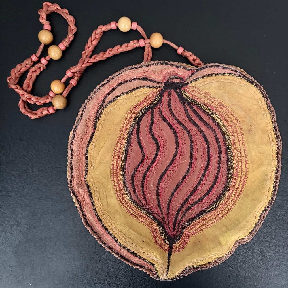 Vintage Leather Peach Purse 1970's Boho Embroidered